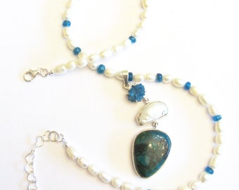 Cavansite, Pearls, Malachite Azurite, Apatite necklace, sterling silver.