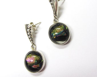 Dichroic glass earrings sterling silver Handmade hand made Tracie Sachs Desgin one of a kind unique fashion style jewelry elegant statement