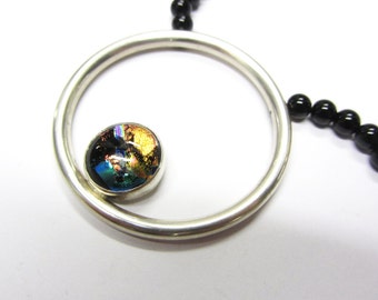 hoop necklace. Fire and Ice necklace - sterling silver and dichroic glass hoop necklace, Onyx necklace