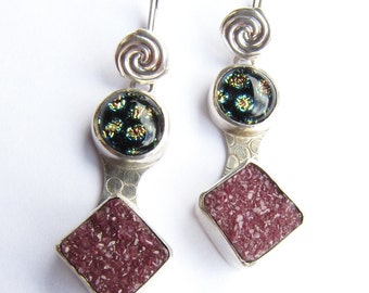 Earrings, colorful pink druzy and dichroic glass, sterling silver