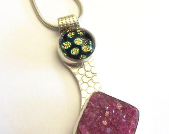 Cobalt Calcite Druzy, Pink Druzy and Dichroic Glass and sterling silver necklace