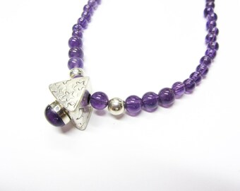 Amethyst and sterling silver hollow ware bead necklace