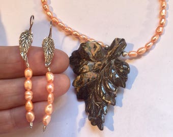 Australian Boulder Opal Leaf Necklace Set With Earrings Autumn Colors Salmon Peach Fresh Water Pearls Wedding Jewelry Handmade One of a Kind