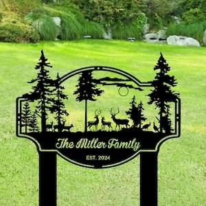 Cartello in metallo personalizzato con nome della famiglia di cervi, per baita, ranch o fattoria, decorazione da parete per esterni, rustico, rifugio di caccia, scena nella foresta, cervo, tacchino, regalo artistico