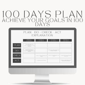 May include: A black and white computer screen displaying a 100-day plan to achieve goals. The plan is divided into four phases, each with 25 days. The phases are labeled "Plan", "Do", "Check", and "Act".