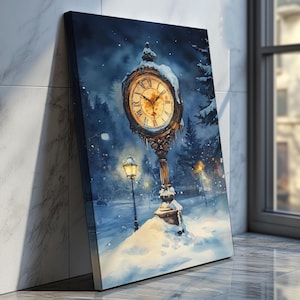 May include: A watercolour painting depicting a clock tower in a snowy woodland. The clock face is visible and the tower is decorated with icicles. The scene is illuminated by street lamps and the sky is a dark blue.