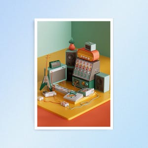 Colorful Sound Studio - Colori estivi - Illustrazione 3D - Decorazione per studio musicale per amanti dei sintetizzatori e arte murale per la casa