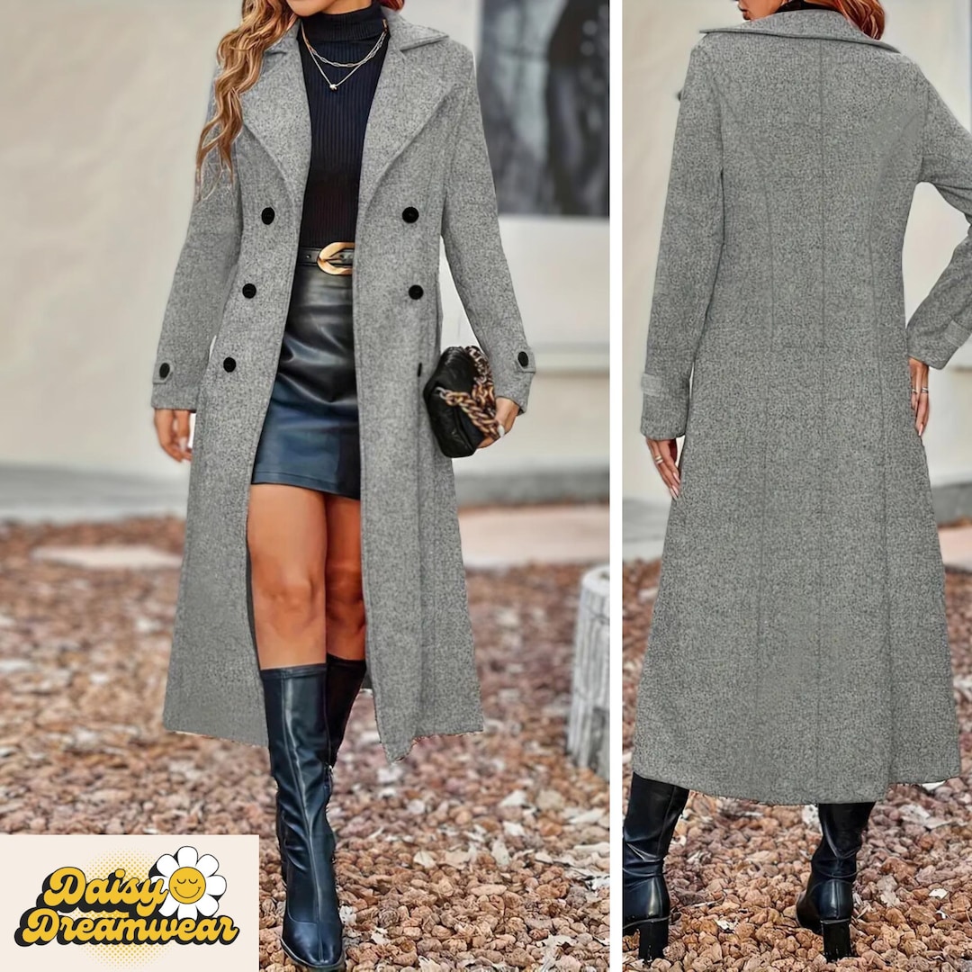 Black and Gray Twill Long Autumn Coat