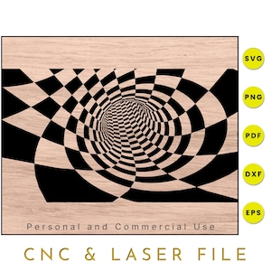 May include: A black and white checkered pattern creates a swirling, hypnotic tunnel effect. The design is on a wood background with the text "Personal and Commercial Use" and "CNC & LASER FILE" below the image.  The image is surrounded by icons for SVG, PNG, PDF, DXF, and EPS file formats.