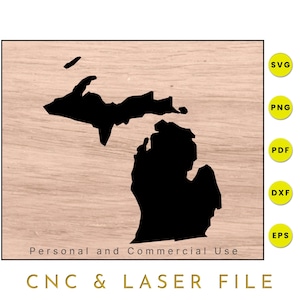 Może przedstawiać: Czarna sylwetka stanu Michigan na tle imitującym drewno. Pod sylwetką znajduje się tekst "Użytkowanie osobiste i komercyjne" oraz "PLIK CNC & LASER". Obraz zawiera również ikony dla formatów plików SVG, PNG, PDF, DXF i EPS.