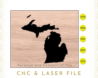 Könnte beinhalten: Eine schwarze Silhouette des Bundesstaates Michigan auf einem Holzmaserungshintergrund. Der Text "Persönliche und kommerzielle Nutzung" und "CNC & LASER DATEI" befindet sich unterhalb der Silhouette. Das Bild enthält auch Symbole für die Dateiformate SVG, PNG, PDF, DXF und EPS.
