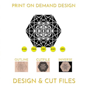 以下が含まれることがあります： 白黒の幾何学模様のデジタルデザイングラフィック。画像には「PRINT ON DEMAND DESIGN」と「DESIGN & CUT FILES」というテキストが含まれています。 SVG、PNG、PDF、DXF、EPSのファイルタイプアイコンも表示されています。