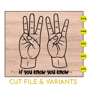 Op de afbeelding: Zwart-witte illustratie van twee handen die het cijfer drie in Nederlandse Gebarentaal tonen, met de tekst "if you know you know" eronder. De afbeelding staat op een lichte houtnerf achtergrond. Inclusief bestandstype-pictogrammen: SVG, PNG, PDF, DXF en EPS.