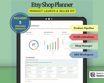 Planificador de tienda de Etsy de Notion: Panel de control empresarial y seguimiento de ganancias (descarga digital)