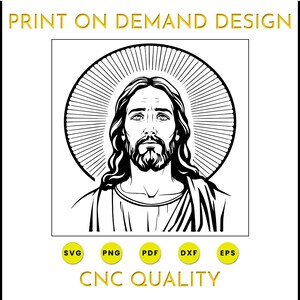 Op de afbeelding: Zwart-witte lijntekening van Jezus Christus met een halo. De afbeelding is geschikt voor gebruik in digitaal handwerk, zoals snijbestanden voor Cricut of Silhouette.
