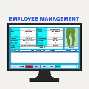 Pode incluir: Um monitor de computador exibindo uma interface de software de gestão de funcionários com cabeçalhos azuis. A tela mostra campos para ID, nome, cargo, salário e detalhes pessoais de Sarah Connor, incluindo uma imagem de calças verdes.