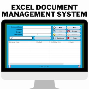 Könnte beinhalten: Ein Computermonitor, der eine Excel-Dokumentenverwaltungsoberfläche anzeigt. Der Bildschirm zeigt Felder für Dokumentennamen, Dateipfad, Kategorie und Beschreibung sowie Schaltflächen zum Hinzufügen, Bearbeiten und für Datenbankfunktionen. Der Text "EXCEL DOCUMENT MANAGEMENT SYSTEM" steht oben.