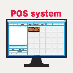 Könnte beinhalten: Ein Computermonitor, der eine Point-of-Sale (POS)-Systemoberfläche anzeigt. Der Bildschirm zeigt Optionen für Pizza, Sandwiches und Getränke, mit einem Raster für die Artikelauswahl und Schaltflächen für Funktionen wie 'Löschen' und 'Drucken & Speichern'. Der Text 'POS system' steht oben.