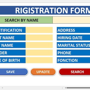 Può includere: Un modulo di registrazione digitale con un design blu e arancione. Il modulo include campi per informazioni personali come nome, indirizzo e data di nascita. Sono visibili pulsanti per salvare, aggiornare, cercare ed eliminare.