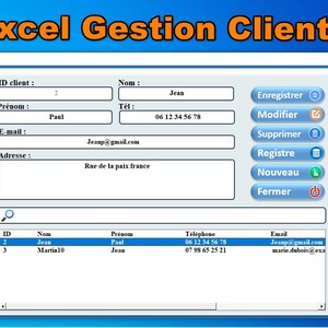 May include: A blue-themed Excel interface for client management, featuring data entry fields for ID, name, phone, and email. The interface includes buttons for actions like 'Save,' 'Modify,' and 'Delete.' The title reads 'Excel Gestion Clients'.
