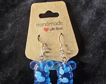 Blue Citrus Slice Earrings, Teddy Bear Earrings, Glow in The Dark Fruit Filled Earrings, Gummy Bear Earrings, Sterling Silver Earrings