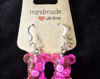 Pink Lemonade Gummy Bear Earrings, Glow in The Dark Fruit Filled Earrings, Sterling Silver Drop Earrings, Sparkle Earrings