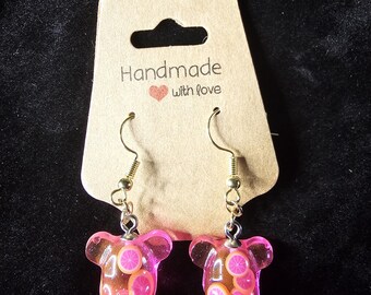 Pink Grapefruit Slice Teddy Bear Earrings, Glow in The Dark Fruit Filled Earrings, Pink Gummy Bear Earrings, Sterling Silver Earrings