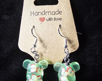 Apple Filled Teddy Bear Earrings, Glow in The Dark Fruit Earrings, Gummy Bear Earrings, Sterling Silver Drop Earrings