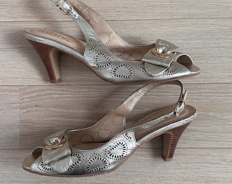 Vintage 2000 italian leather metallic high heel shoes size 37 US 6.5 open toe