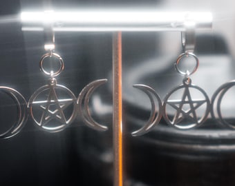 Large Triple Moon Goddess Earrings (Silver)