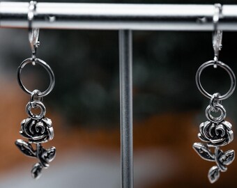 Rose Stem Earrings (Silver)