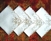 NAPKINS Replacement Tablecloth Napkin Set 4 Embroidered MADEIRA Fine ECRU Linen