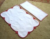 Table Cloth Towel Retro Vintage Runner Crocheted Lace Red Trim Set 2