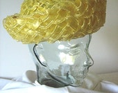 HAT Vintage Dress Up Costume Retro Cap Antique Bonnet PIN Yellow Straw Sixties