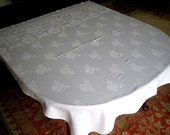 DAMASK TABLECLOTH Vintage White Sleek Damask Cabbage Rose Flowers Loop Border