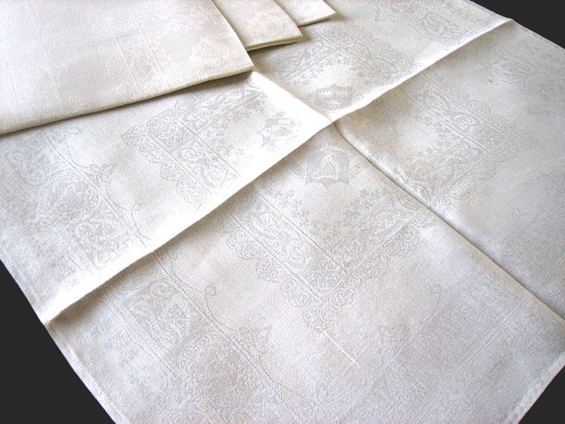 DAMASK Napkins for Tablecloth Replacement Set Vintage LARGE LINEN Crisp White Set 4