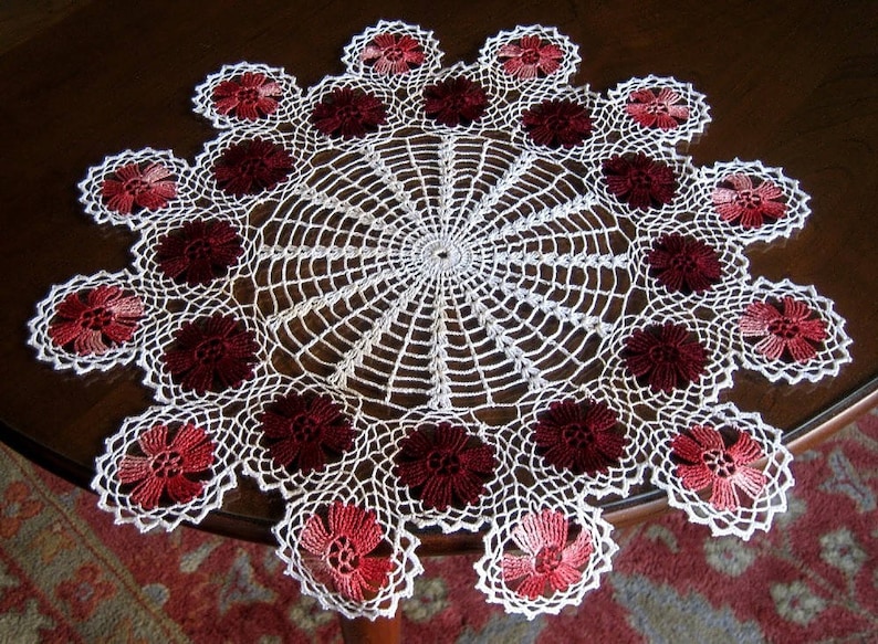 Vintage Runner Tablecloth Doily Hand Crocheted Lace Off White Pink Maroon Granny Discs
