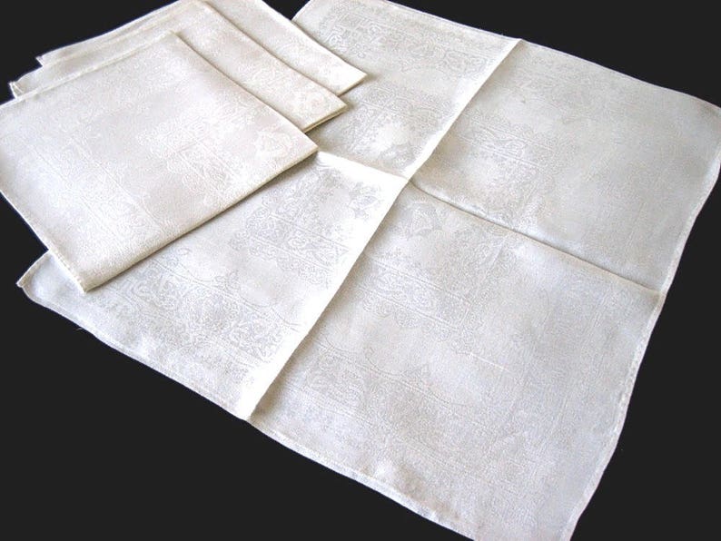 DAMASK Napkins for Tablecloth Replacement Set Vintage LARGE LINEN Crisp White Set 4