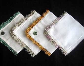 Hankie Set Handkerchief Linen Vintage New UNUSED Piece Colorful CROCHETED LACE Trim Hems
