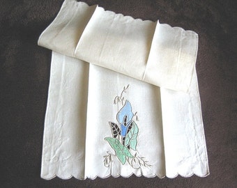 Madeira TOWELS Vintage Embroidered Cutwork Lace Ecru Linen Blue Calla lily Towel