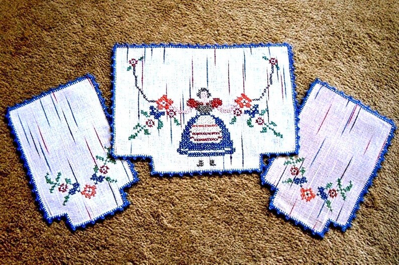 EMBROIDERED table runner Vintage but NEW linen DRESSER Set 3 Farm Lass Country Maiden