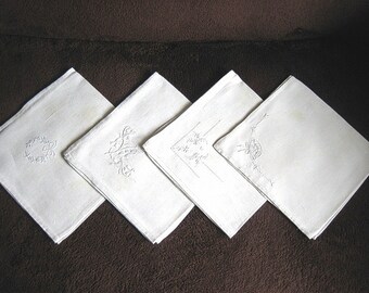 Vintage TABLECLOTH Replacement Napkins Linen Hemstitched White Embroidered Set 4