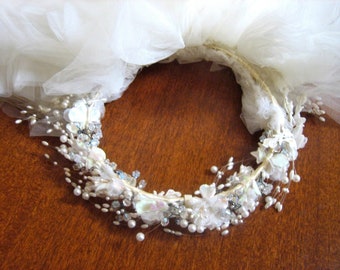 Wedding Veil Vintage Beaded Half Hat Band White Tier Crinoline Lace Bride Bridal Cap
