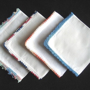 Hankie Set Handkerchief Linen Vintage LOT Colorful CROCHETED LACE Trim Hems