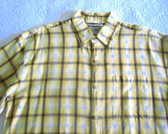 TOP Dress Shirt Men or Women Vintage Like New Cotton Tailored Retro Brown and Gold PLAID