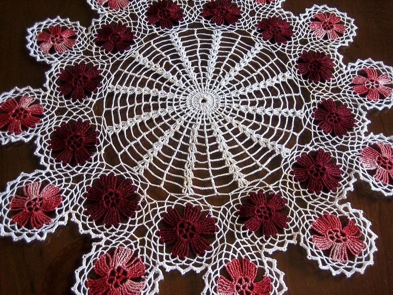 Vintage Runner Tablecloth Doily Hand Crocheted Lace Off White Pink Maroon Granny Discs