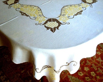 Hand Embroidered Vintage TABLECLOTH White Scalloped LINEN Brown Yellow Flowers