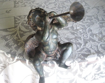 Vintage CUPID Home Holiday Decor Gray Cast Bronze tone Sitting Shelf Figure Angel Horn SWEET