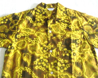 TOP Blouse Dress Shirt Men or Women Vintage NWOT Hawaiian MOD Authentic Brown and Gold