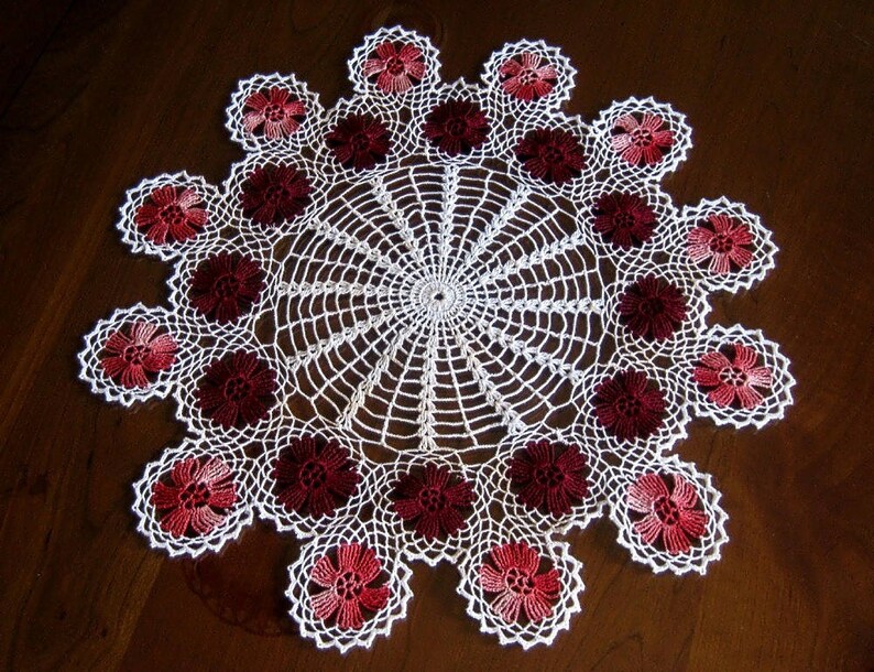 Vintage Runner Tablecloth Doily Hand Crocheted Lace Off White Pink Maroon Granny Discs